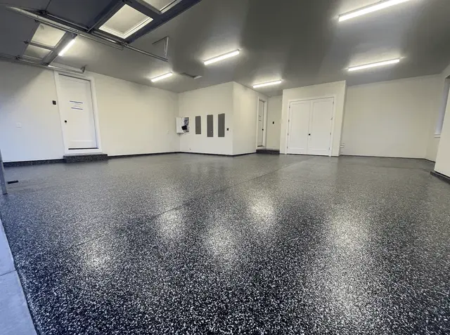 Seattle-area garage with an onyx flake floor coating