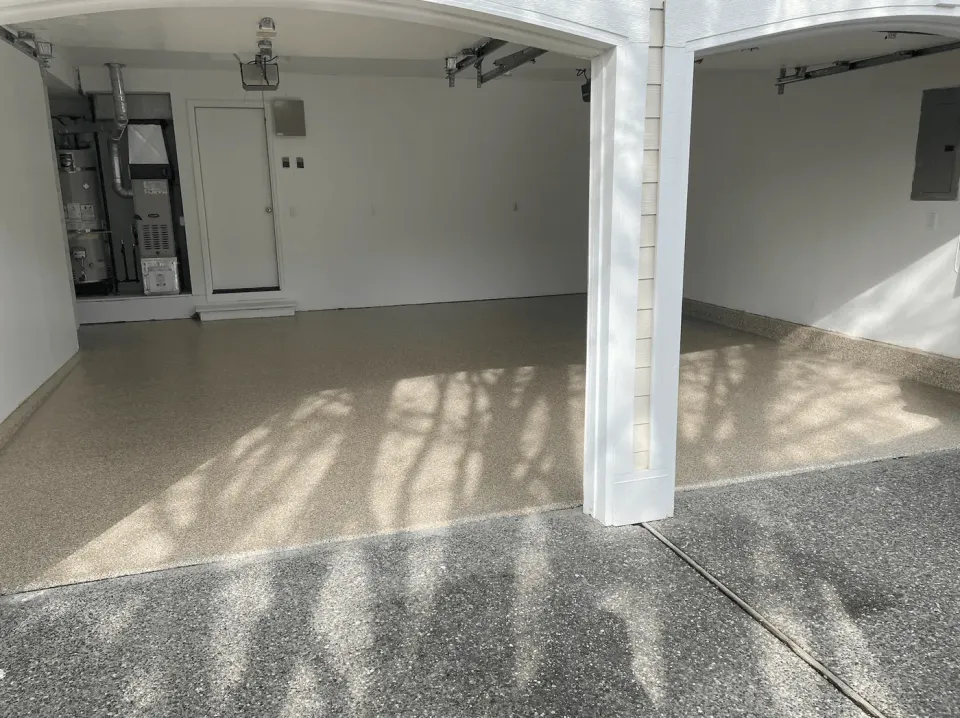 Sandstone flake garage floor coating in a Seattle-area garage