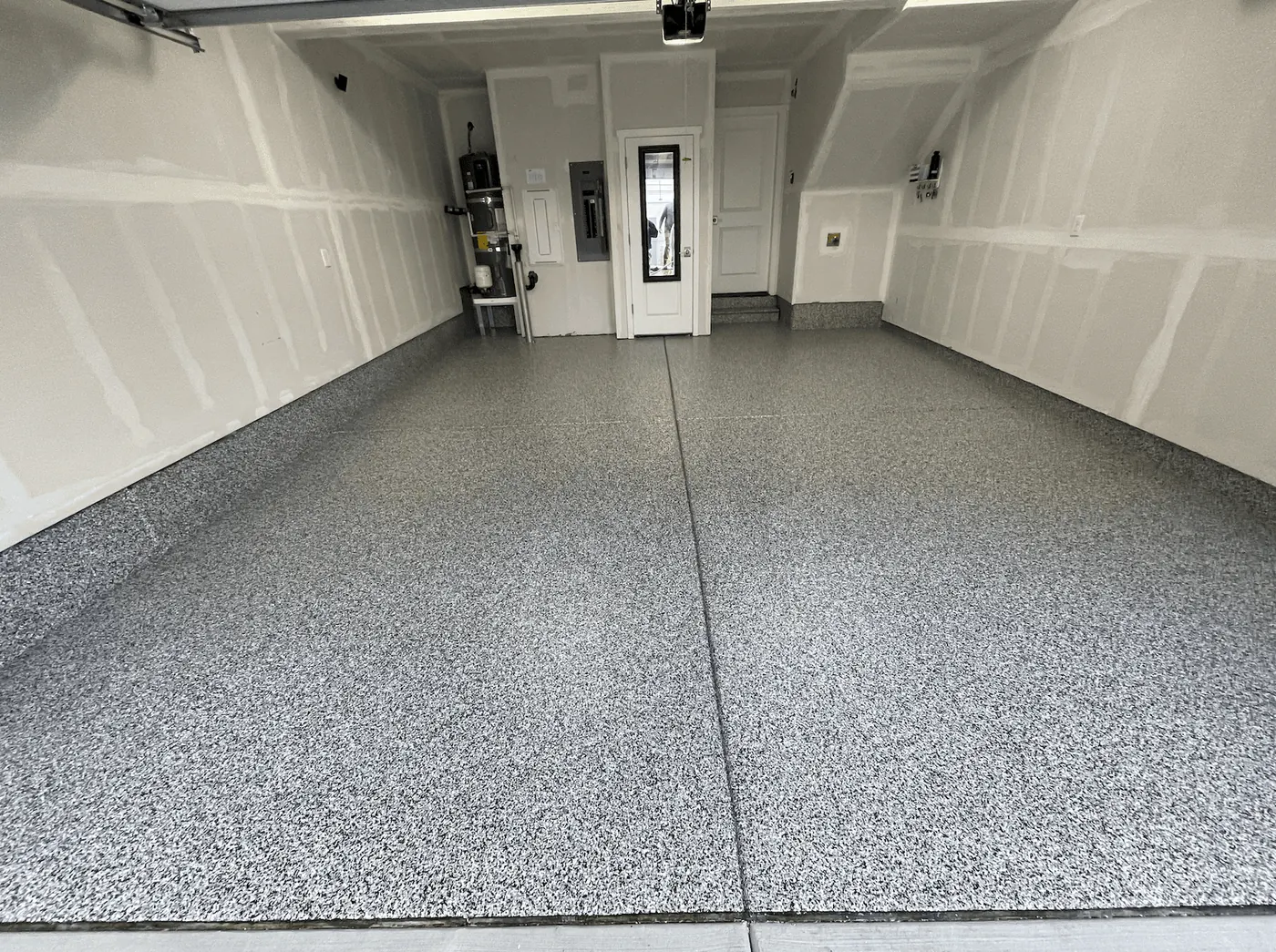 Seattle-area garage with a frost gray flake floor coating