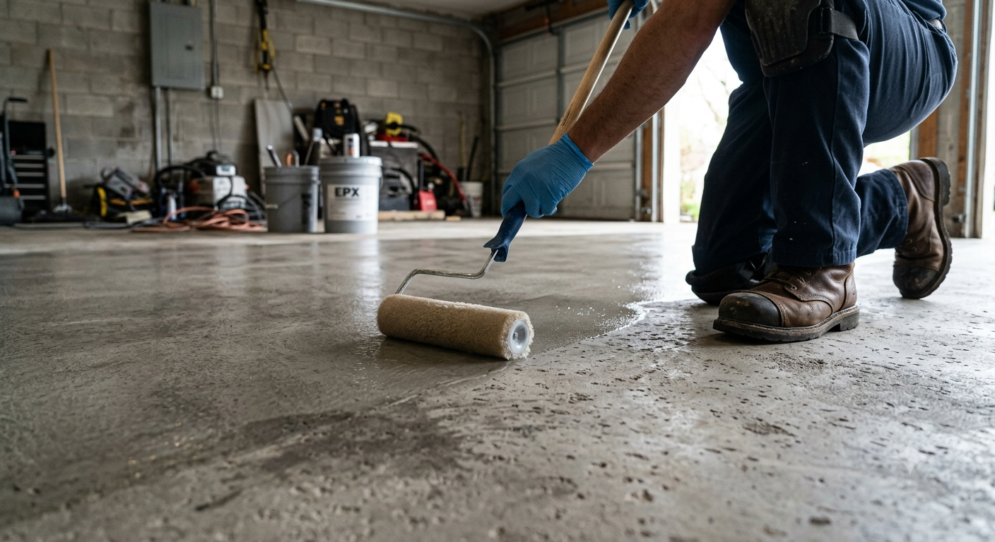 Moisture barrier coating applied to concrete slab