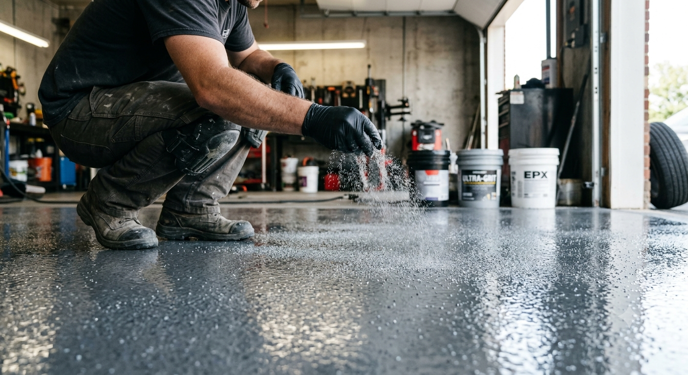 Anti-slip aluminum oxide broadcast on polyaspartic coating