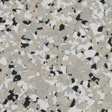 Cabin Fever flake floor swatch: light gray, greige and black chips