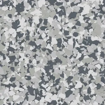 Gravel flake floor swatch: light gray, white and dark gray chips